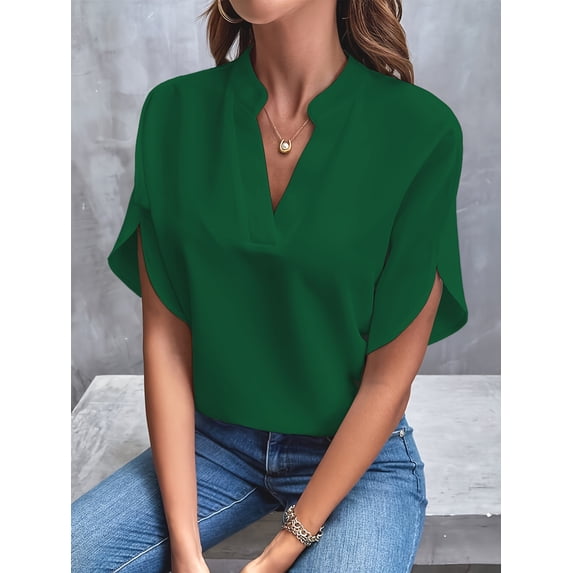 Solid Color Notch Neck Blouse, Casual Short Split Sleeve Blouse For Spring & Summer, Women's Clothing