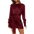 thumbnail image 1 of Solid Color O-Neck Pencil Dress for Women Long Sleeve Front Tie Short Dress Slim-Fit Casual Mini Dresses, 1 of 6
