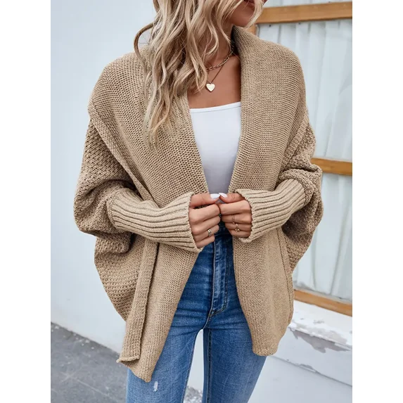 ACCEHUT Solid Color Open Front Batwing Sleeve Cardigan Sweater (Women's One Size)