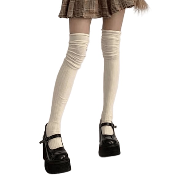 Solid Color Over Knee Long Socks for Women Japanese Student Ruched Slouch Top Rib Knitted Thigh High Stockings Hosiery