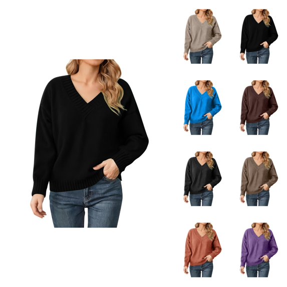 Solid Color Oversized V Neck Casual Versatile Knitted Pullover Sweater Soft Comfortable Everyday Wear For Fall Winter Fashion