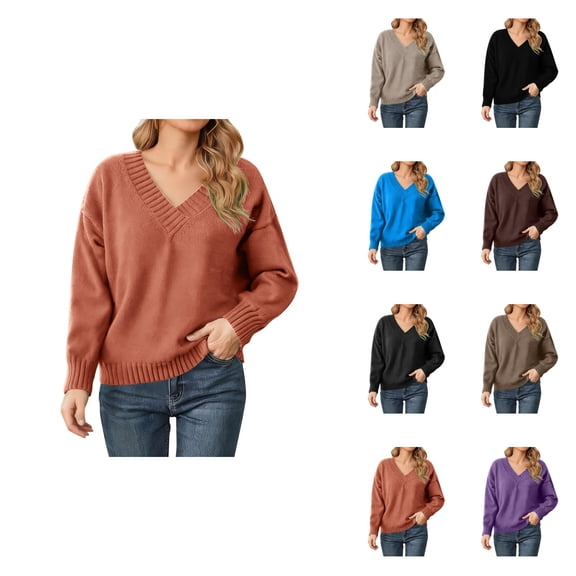 Solid Color Oversized V Neck Casual Versatile Knitted Pullover Sweater Soft Comfortable Everyday Wear For Fall Winter Fashion