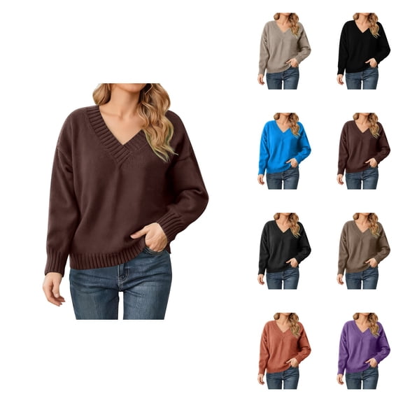 Solid Color Oversized V Neck Casual Versatile Knitted Pullover Sweater Soft Comfortable Everyday Wear For Fall Winter Fashion