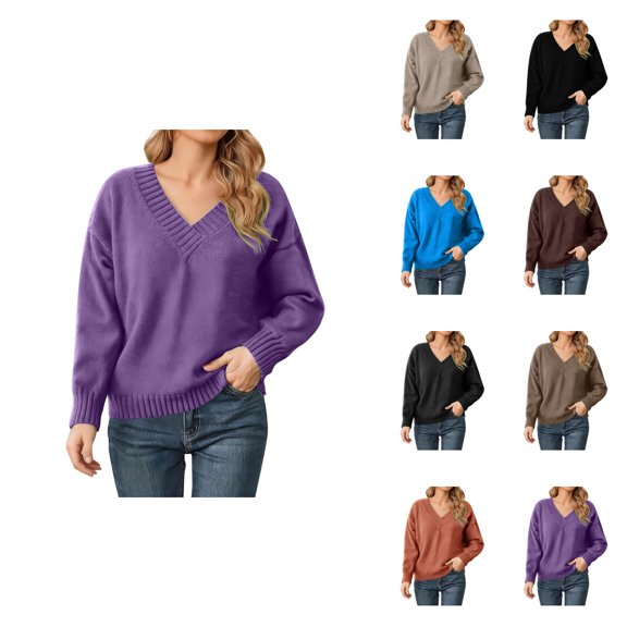 Solid Color Oversized V Neck Casual Versatile Knitted Pullover Sweater Soft Comfortable Everyday Wear For Fall Winter Fashion