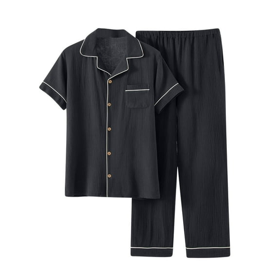 Solid Color Pajamas for Man Short Sleeve Long Pants Button Open Front Pajamas Set with Pockets Dark Gray 2XL