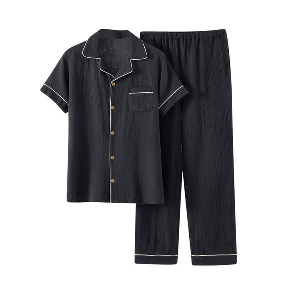 Solid Color Pajamas for Man Short Sleeve Long Pants Button Open Front Pajamas Set with Pockets Dark Gray M