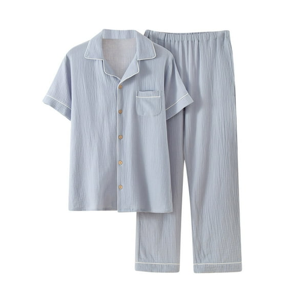 Solid Color Pajamas for Man Short Sleeve Long Pants Button Open Front Pajamas Set with Pockets Light Blue M