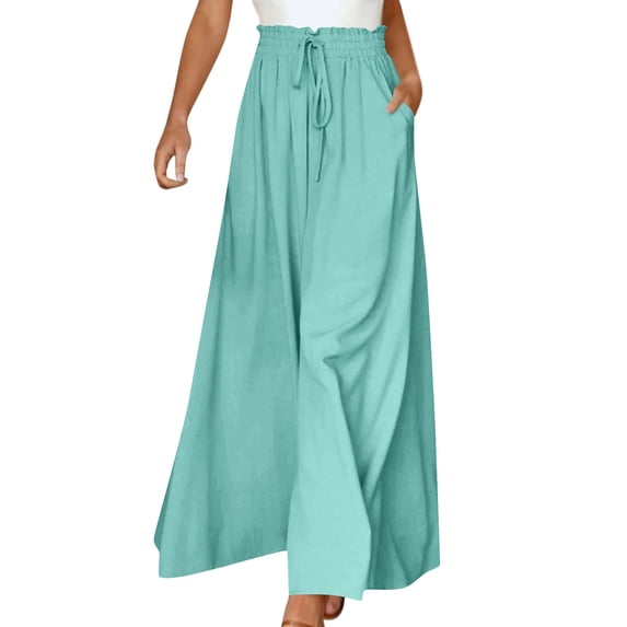 Solid Color Pants for Women Casual Elastic Waist Wide Leg Pants with Pockets Drawstring Green XXL(XXL)
