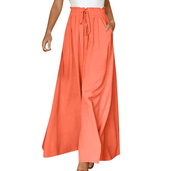 Solid Color Pants for Women Casual Elastic Waist Wide Leg Pants with Pockets Drawstring Orange L(L)