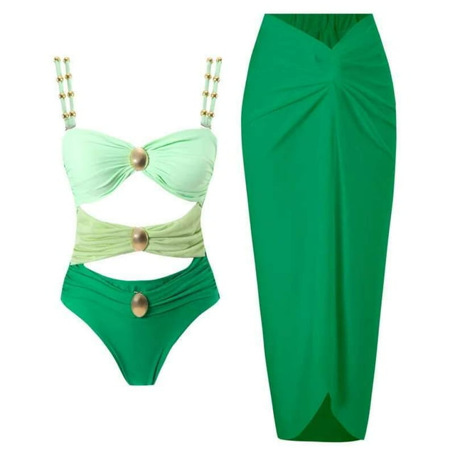 Solid Color Patchwork One-piece Swimsuit Set Women Fashion Multiple Styles Chic Conservative Metal Buckle Two Piece Set Swimsuit