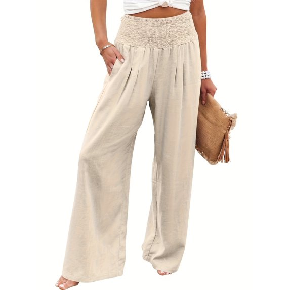Solid Color Pleated Waist Loose Baggy Pants, Vacation Style Wide Leg Comfortable Pants, Suitable for Spring and Autumn Wear, Women's Clothing