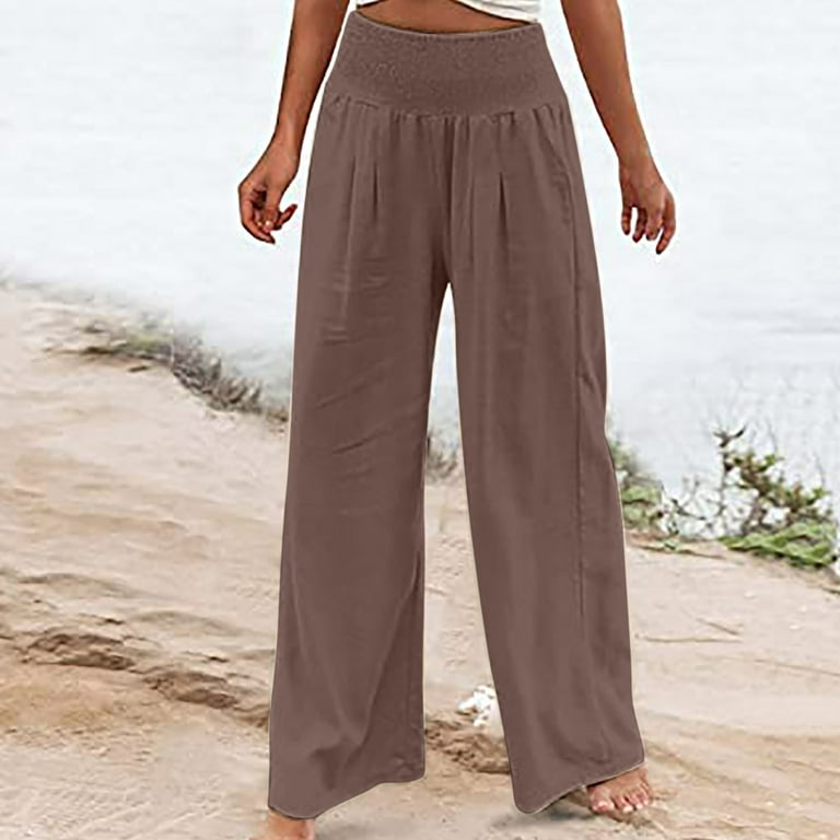 Solid Color Pleated Wide Leg Pants for Women Elastric High Waist Cotton  Linen Pant with Back Pockets Plus Size Smocked Ankle Length Trousers 