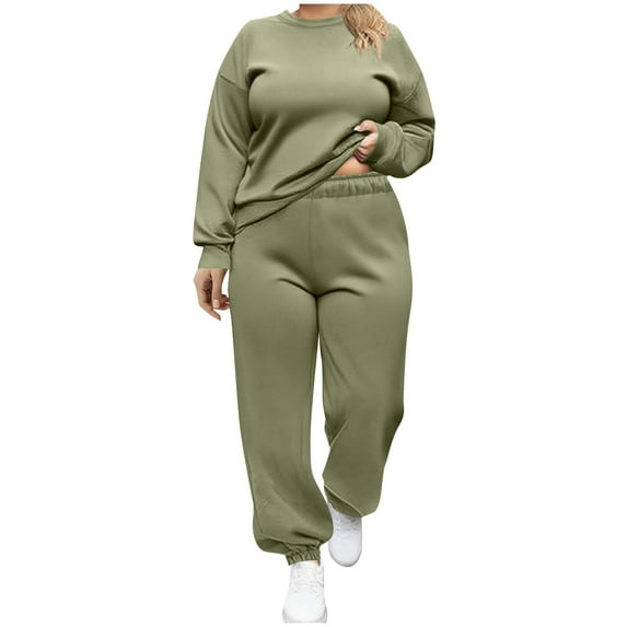 Solid Color Plus Size Women's 2-Piece Set - Non-Hooded Round-Neck Long Sleeve Pullover Sweatshirt & Cuffed Pocket Sweatpants, Casual Style for Daily Errands & Relaxed Days Army Green XXL