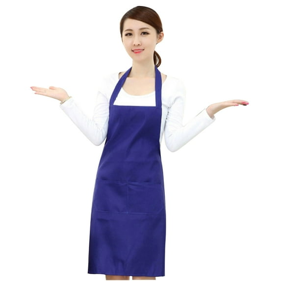 Solid Color Polyester Aprons for Women with Pockets Waterproof Dustproof Kitchen Aprons Dish Washing Grooming Chef Aprons Blue