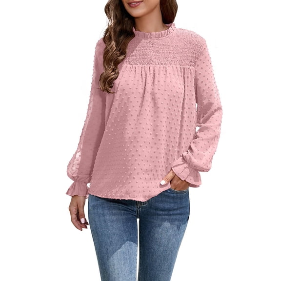 Solid Color Puff Sleeve Pullover for Women Round Neck Chiffon Tops Autumn Pleated Dots Blouse