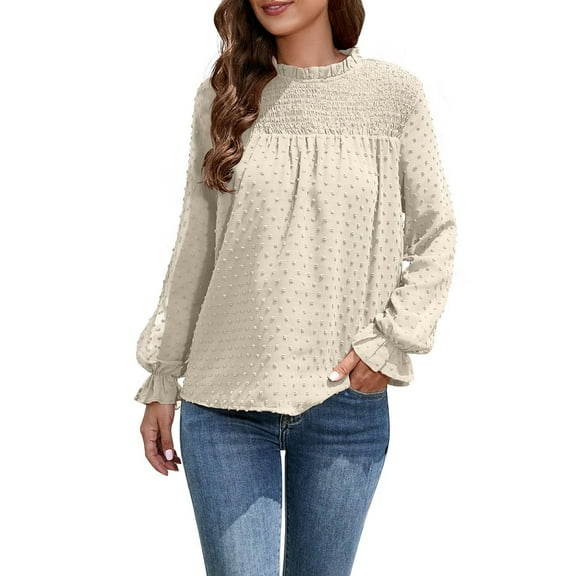 Solid Color Puff Sleeve Pullover for Women Round Neck Chiffon Tops Autumn Pleated Dots Blouse