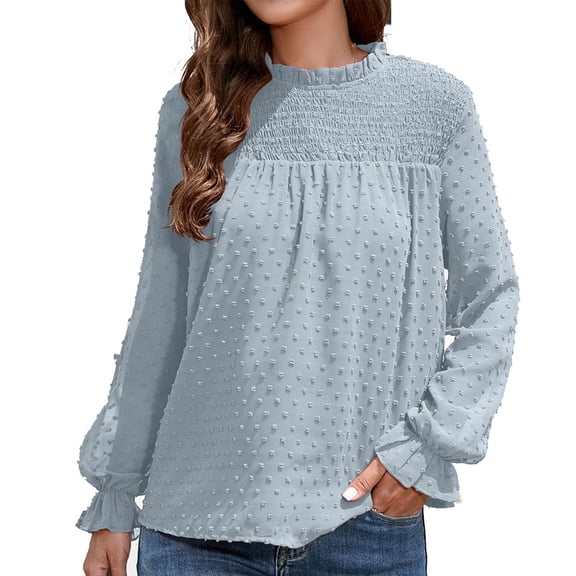 Solid Color Puff Sleeve Pullover for Women Round Neck Chiffon Tops Autumn Pleated Dots Blouse