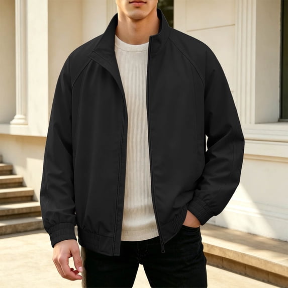 Solid Color Raglan Sleeves With Elastic Closure Men's Versatile Stand Up Collar Jacket For Daily Use Black L