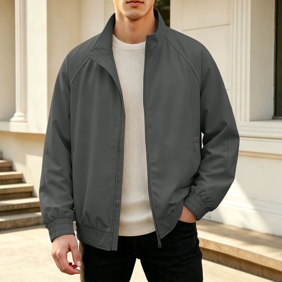 Solid Color Raglan Sleeves With Elastic Closure Men's Versatile Stand Up Collar Jacket For Daily Use Dark Gray L