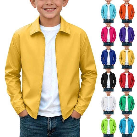 Solid Color Recreational Sports Long Sleeve Collar Blouse Outdoor Hooded Jacket Waterproof Windproof Cardigan Jacket Kids Size 9-10Years