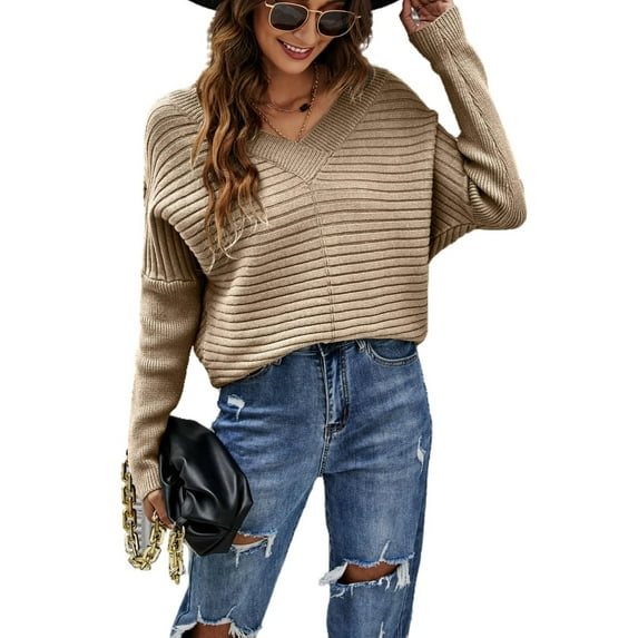 Solid Color Ribbed Sweater Beige X-Large