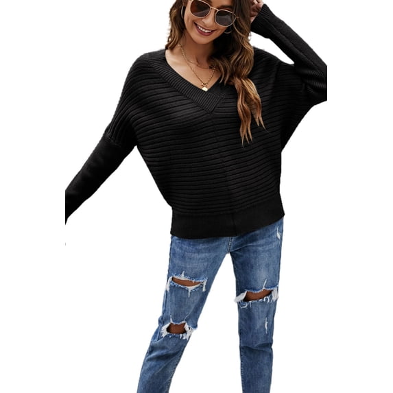 Solid Color Ribbed Sweater Black Large