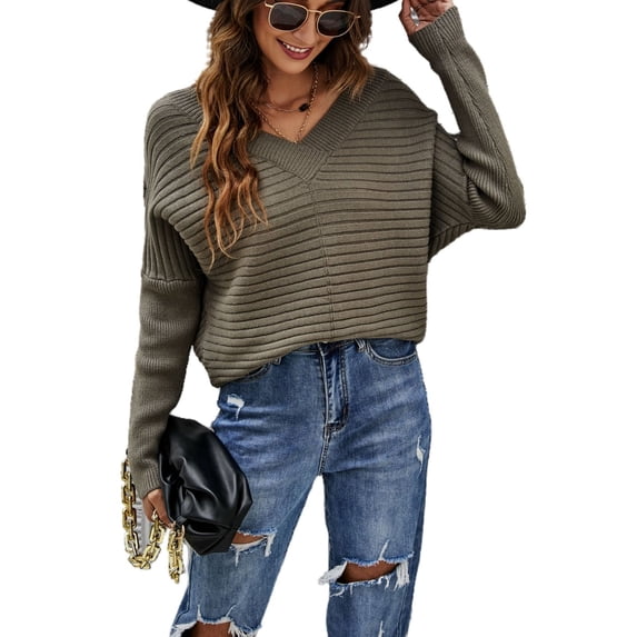 Solid Color Ribbed Sweater Dark Green Large