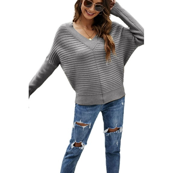 Solid Color Ribbed Sweater Gray X-Large