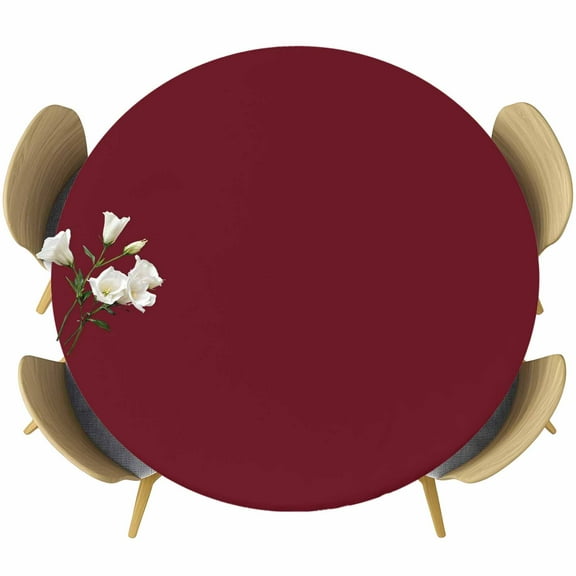 Solid Color Round Fitted Table Cover Wine Red Waterproof Table Cloth with Elastic Edge Wipeable Tablecloth for Picnic Camping Party Fits 36"-44" Diameter