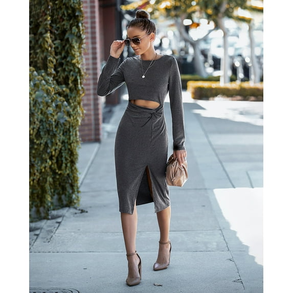 Solid Color Round Neck Cutout Front Twist Detail Dress for Women