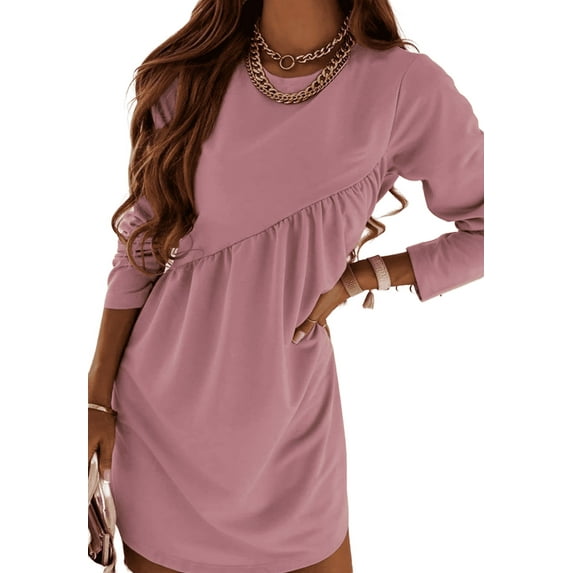 Solid Color Round Neck Long Sleeves Pleated Design Above Knee Length Dress Pink Large