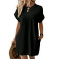 thumbnail image 1 of Solid Color Round Neck Loose Short Sleeve Pocket Dress Black S, 1 of 4