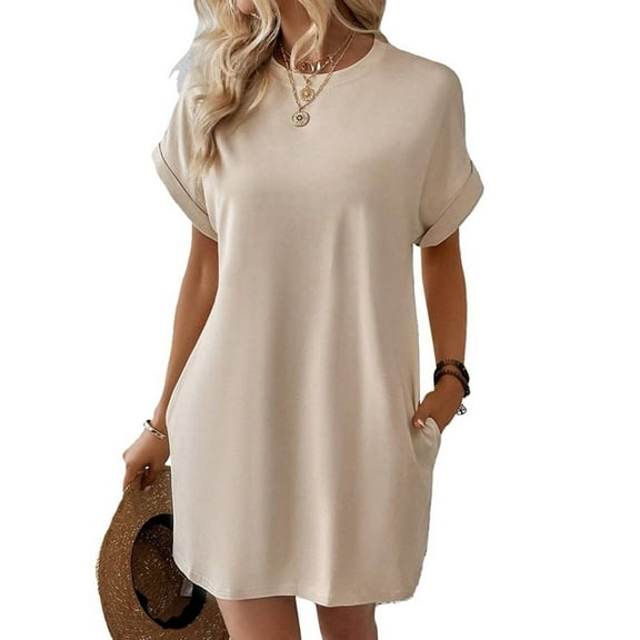 Solid Color Round Neck Loose Short Sleeve Pocket Dress M