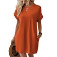 thumbnail image 1 of Solid Color Round Neck Loose Short Sleeve Pocket Dress Orange M, 1 of 4
