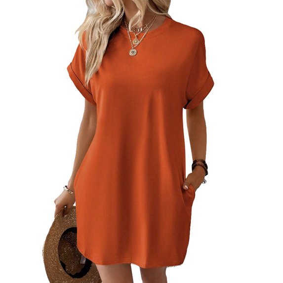 Solid Color Round Neck Loose Short Sleeve Pocket Dress Orange M