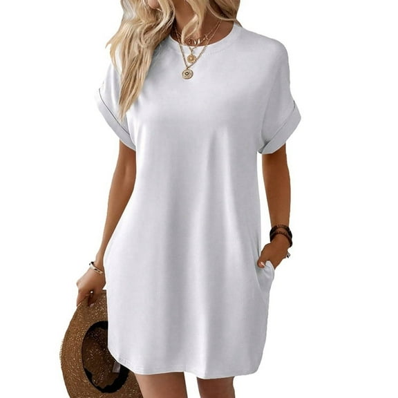 Solid Color Round Neck Loose Short Sleeve Pocket Dress White XL