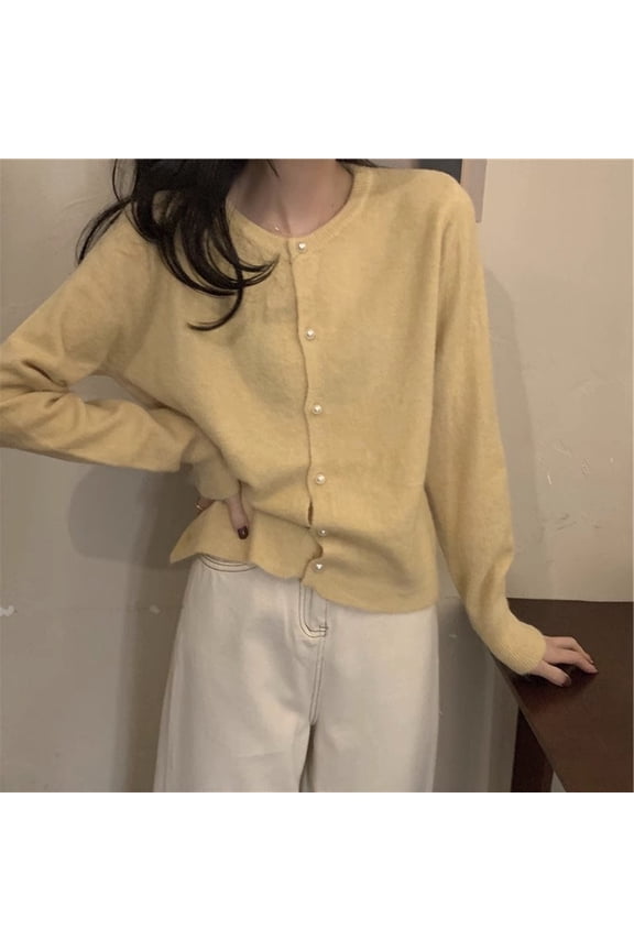 Solid Color Round Neck Pearl Buckle Knitted Cardigan Women's And Versatile Top Long Sleeve Women's Spring And Autumn Womens Button down Sweater Cardigan Knit Open Front Sweater plus Sweater Sweater