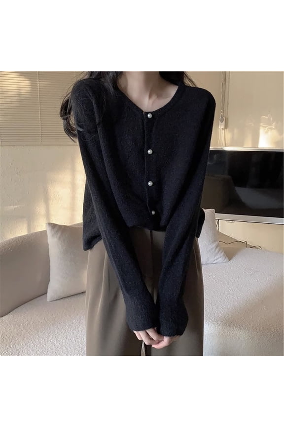 Solid Color Round Neck Pearl Buckle Knitted Cardigan Women's And Versatile Top Long Sleeve Women's Spring And Autumn plus Womens Cardigan Fall Sweaters for Women plus Size Gentle Fawn Sweater