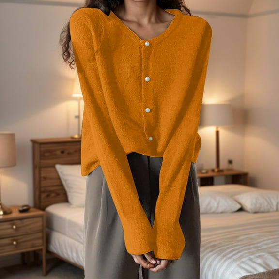 Solid Color Round Neck Pearl Buckle Knitted Cardigan Women's And Versatile Top Long Sleeve Women's Spring And Autumn plus Womens Cardigan Fall Sweaters for Women plus Size Gentle Fawn Sweater