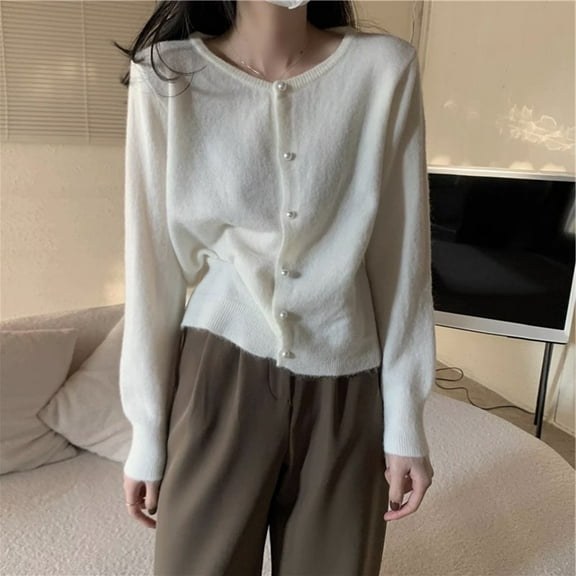 Solid Color Round Neck Pearl Buckle Knitted Cardigan Women's And Versatile Top Long Sleeve Women's Spring And Autumn plus Womens Cardigan Fall Sweaters for Women plus Size Gentle Fawn Sweater