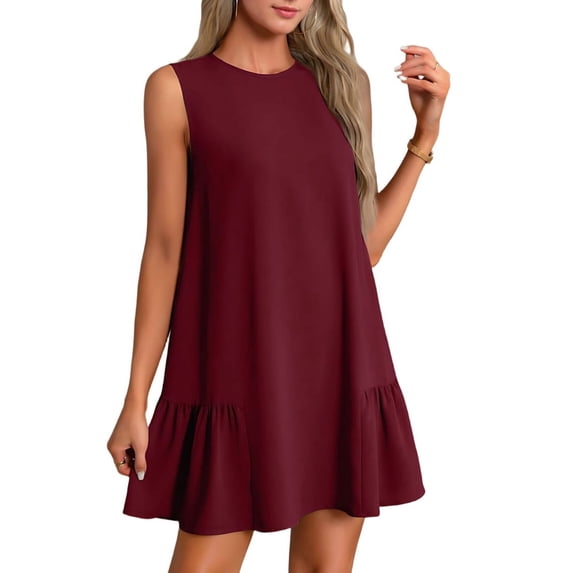 Solid Color Round Neck Sleeveless Vest Dress Wine Red L
