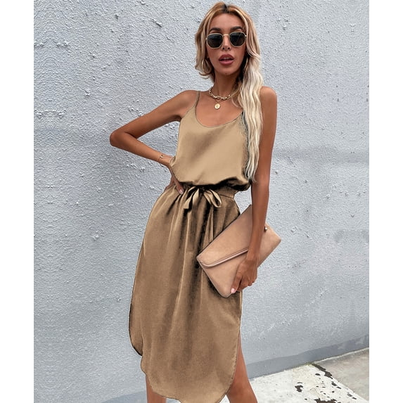 Solid Color Round Neck Tie Waist Round Hem Side Slit Dress for Women