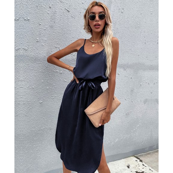 Solid Color Round Neck Tie Waist Round Hem Side Slit Dress for Women