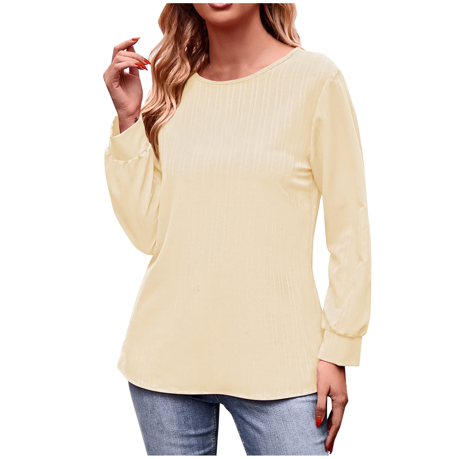 Solid Color Round Neck Tops Long Sleeve Casual Pullover - Walmart.com, image size:1600x1600