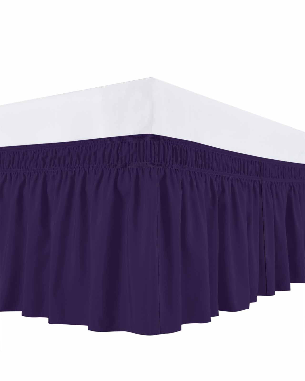 Solid Color Ruffle Bed Skirt Queen Size Dark Purple Adjustable Elastic Dust Bed Skirts Wrap Around Bedskirt Wrinkle Free Easy Fit with 16 Inch Drop