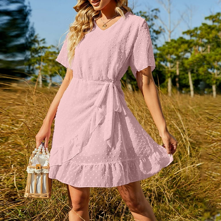 Solid Color Ruffle Chiffon Loose Casual Dress Low Cut Top For Women Lace Up Mini Skirt About Knee Length