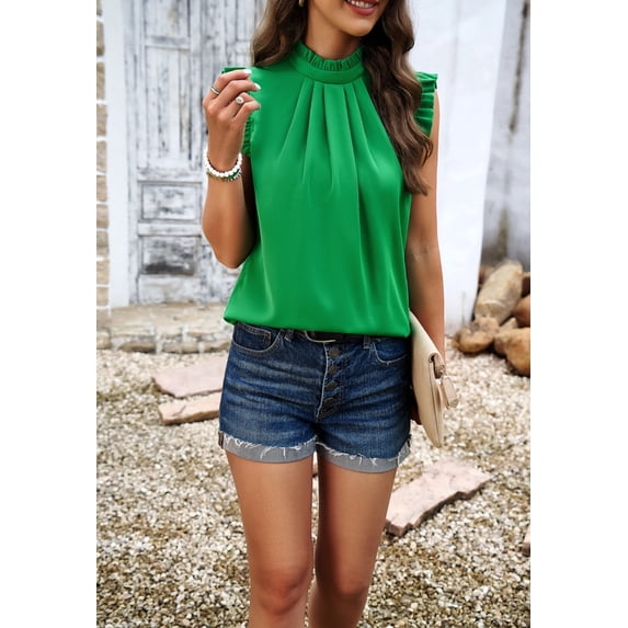 Solid Color Ruffle Neck Blouse, Green, Large