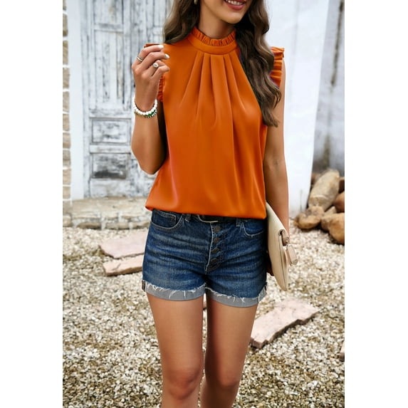 Solid Color Ruffle Neck Blouse, Orange, Large