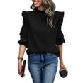 thumbnail image 1 of Solid Color Ruffle Shoulder Long Sleeve Textured Top for Women Black Medium, 1 of 5