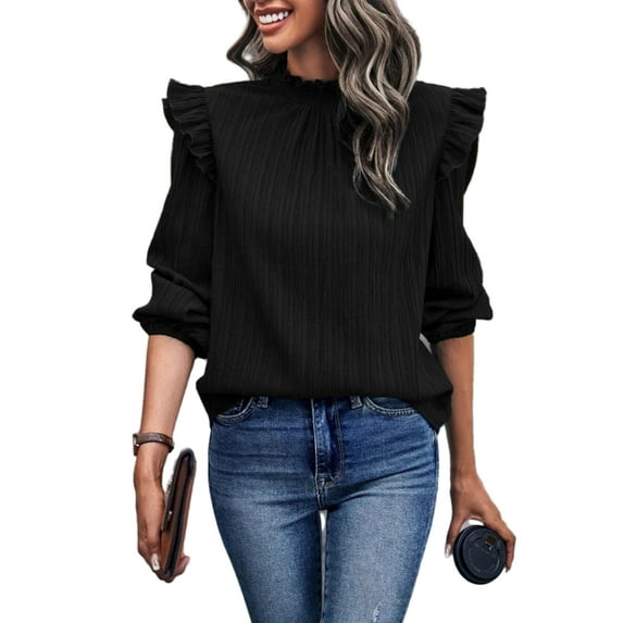 Solid Color Ruffle Shoulder Long Sleeve Textured Top for Women Black Medium